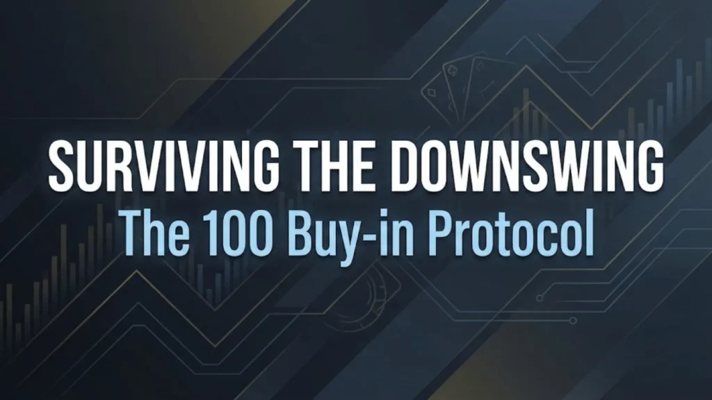 Cover graphic with dark financial data background, featuring bold text "SURVIVING THE DOWNSWING" and "The 100 Buy-in Protocol," illustrating professional poker strategy and bankroll management concepts.