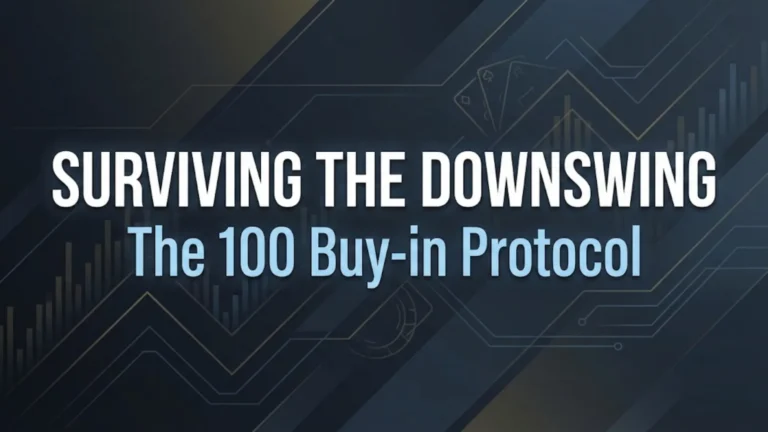 Cover graphic with dark financial data background, featuring bold text "SURVIVING THE DOWNSWING" and "The 100 Buy-in Protocol," illustrating professional poker strategy and bankroll management concepts.