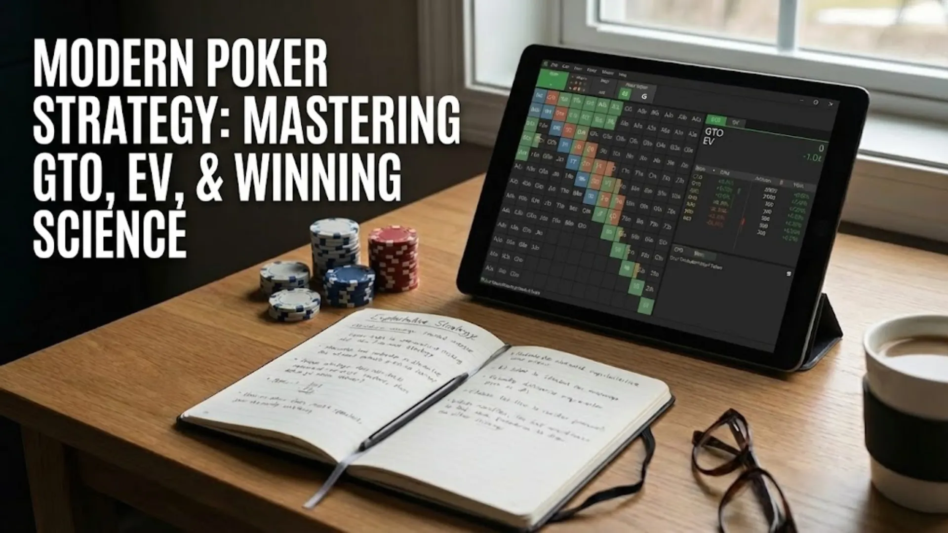 A desk setup for poker study with a tablet running a GTO solver, a notebook, and chips. Cover image for the PokerOffer article on modern poker strategy.