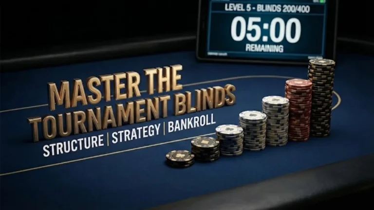 Stacked poker chips and digital timer representing tournament blind structures for PokerOffer strategy guide.