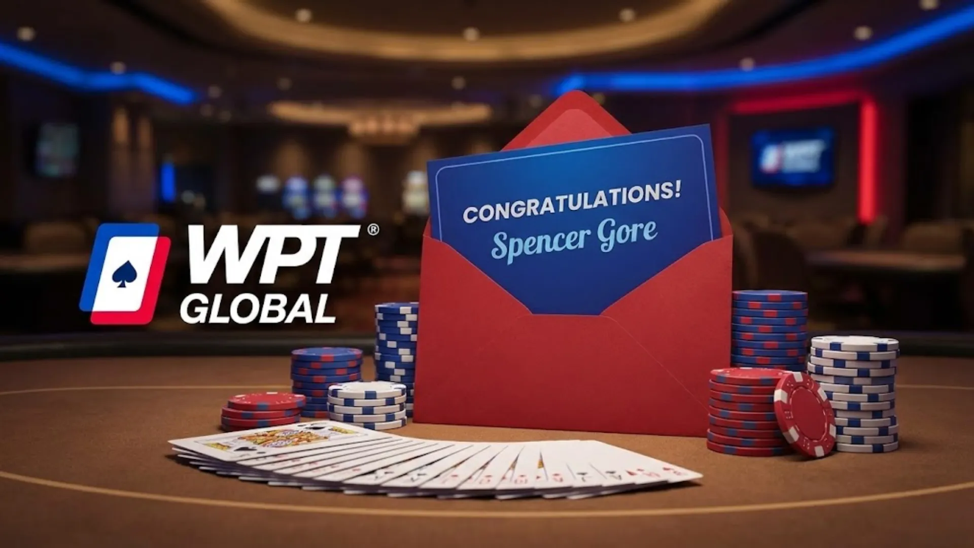 Red envelope on a WPT poker table representing the $100,000 ambassador contract won by Spencer Gore.
