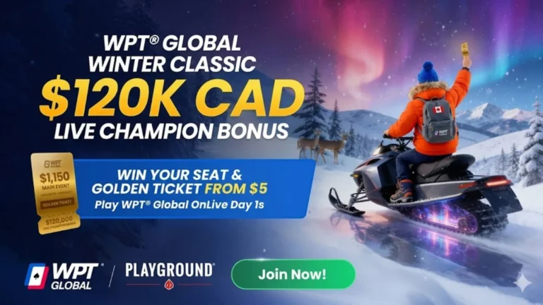 Promotional banner for the WPT Global Winter Classic at Playground Montreal, featuring a snowmobile rider under an aurora holding a Golden Ticket for the $120,000 CAD Live Champion Bonus.