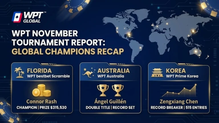 WPT November Tournament Report cover graphic with winners Connor Rash, Ángel Guillén, and Zengxiang Chen by PokerOffer.