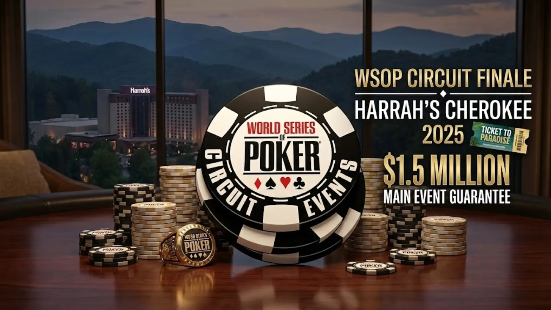 WSOP Circuit Harrah's Cherokee 2025 $1.5M Main Event guarantee chips and ring - PokerOffer