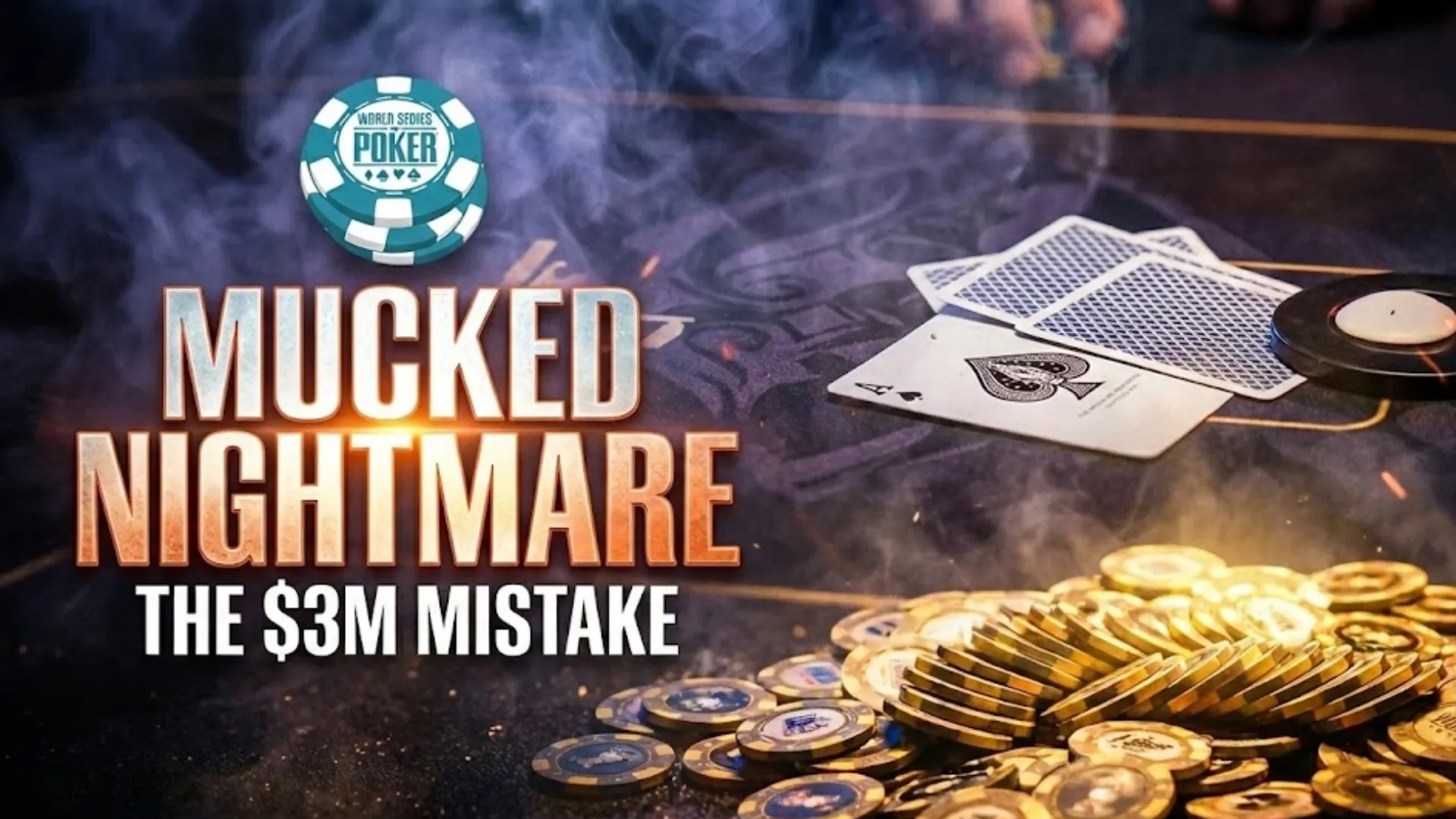 A pile of WSOP poker chips and mucked cards on a felt table during the controversial $3 million pot incident at the WSOP Paradise Super Main Event between James Caputo and Ryan Depaulo.