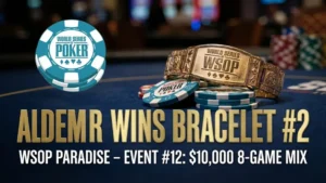 Koray Aldemir wins his second WSOP gold bracelet in the $10,000 8-Game Mix event at WSOP Paradise. The gold bracelet rests on a stack of WSOP chips on a poker table.