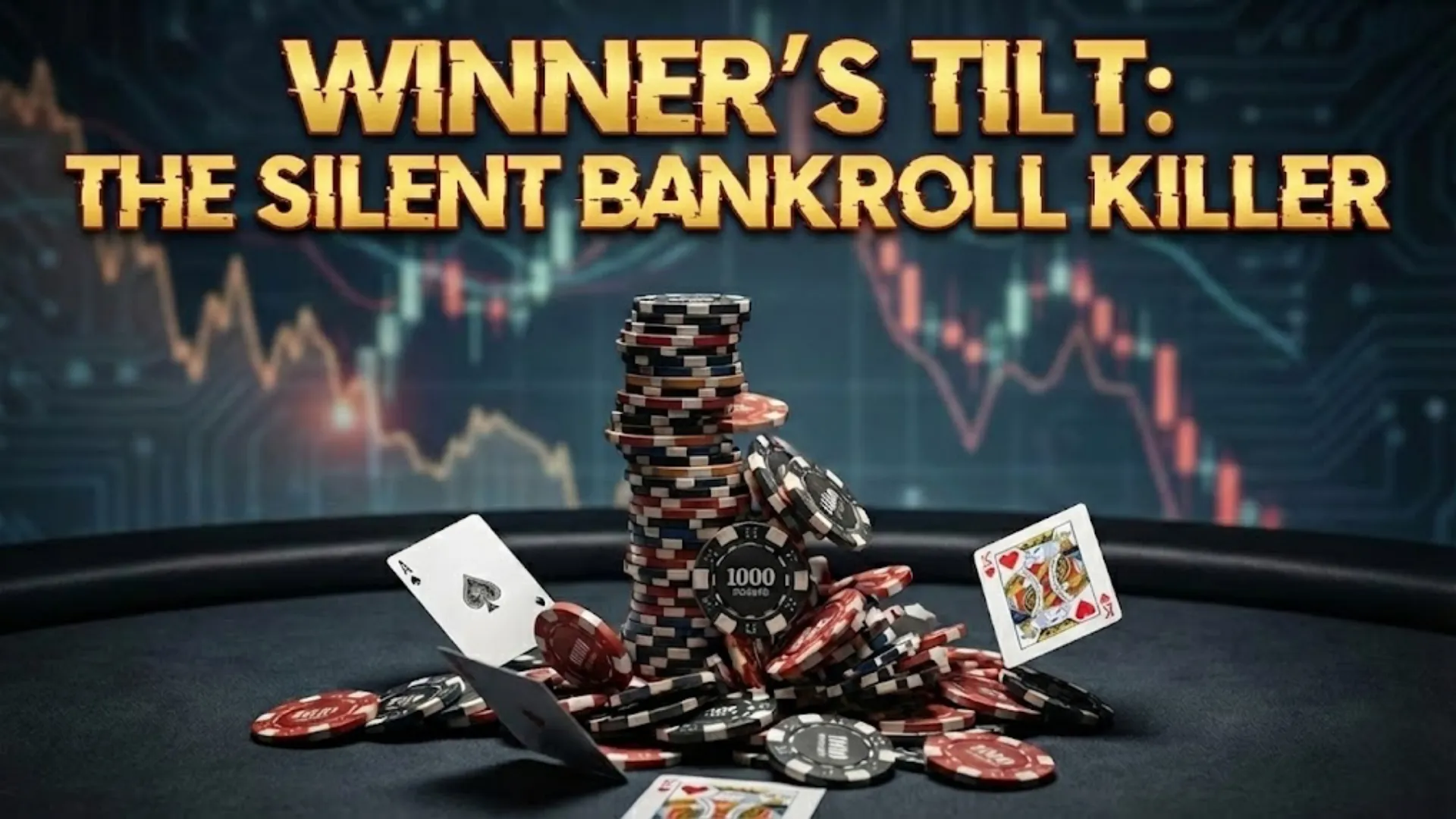 Poker strategy graphic showing chips and variance chart illustrating Winner's Tilt risks - PokerOffer