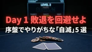 PokerOffer ポーカー戦略ガイドのカバー画像:Day 1 敗退を回避せよ - 序盤でやりがちな「自滅」5 選。