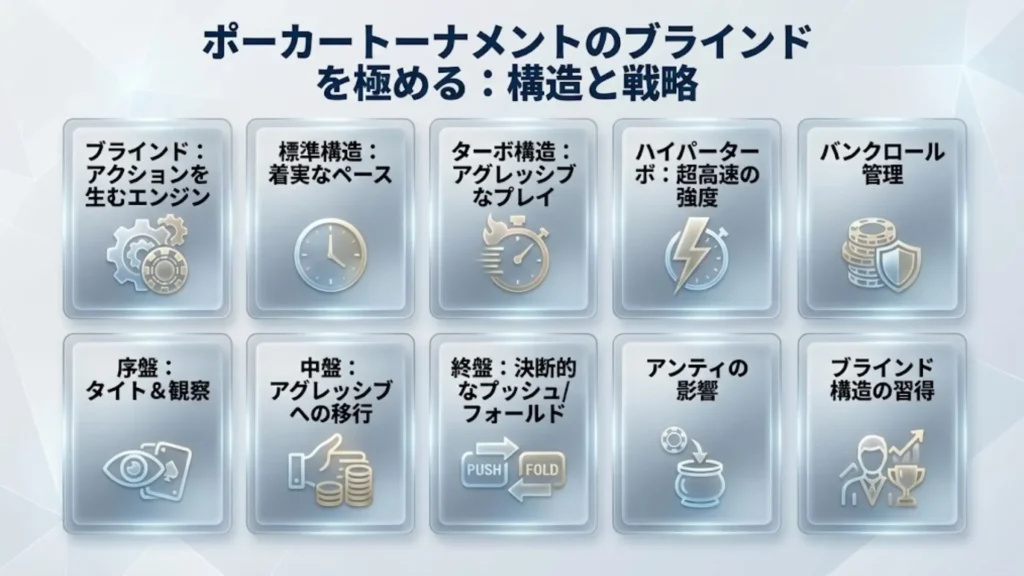 ポーカートーナメントのブラインド構造、戦略フェーズ、バンクロール管理を示すインフォグラフィック、PokerOffer ガイド。