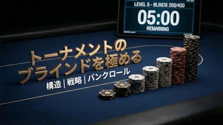 ポーカートーナメントのブラインド構造を示すチップの山とタイマー、PokerOffer 戦略記事のイメージ画像。