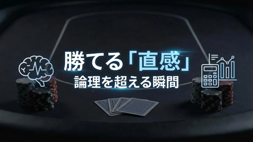 ポーカー戦略記事バナー：GTO（ゲーム理論）と直感の対比、脳と計算機のアイコン - PokerOffer。