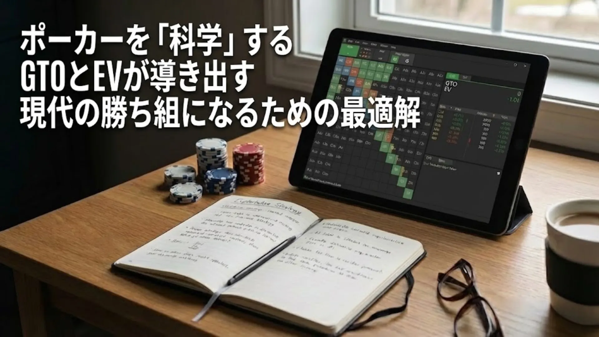 GTOソルバーを実行中のタブレット、ノート、チップが置かれたポーカー学習用のデスク環境。現代ポーカー戦略に関するPokerOffer記事のカバー画像。