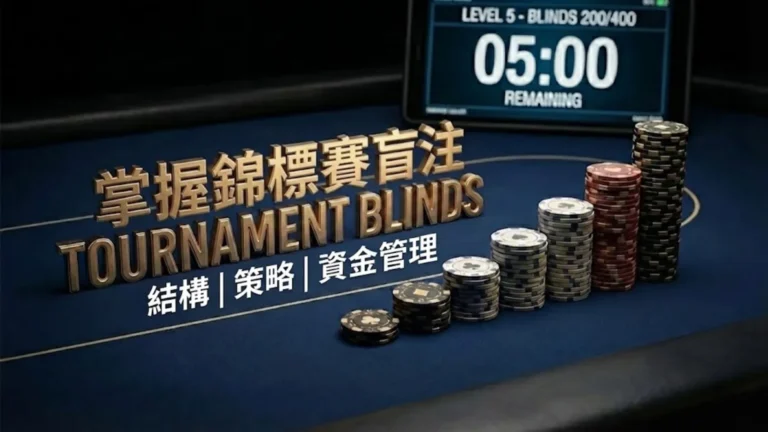 德州撲克錦標賽盲注結構示意圖，顯示籌碼堆疊與倒數計時，PokerOffer 策略指南插圖。