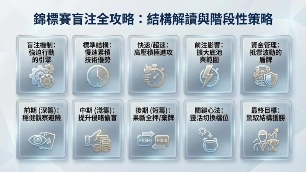 德州撲克錦標賽盲注結構、策略階段與資金管理資訊圖表，PokerOffer 指南插圖。