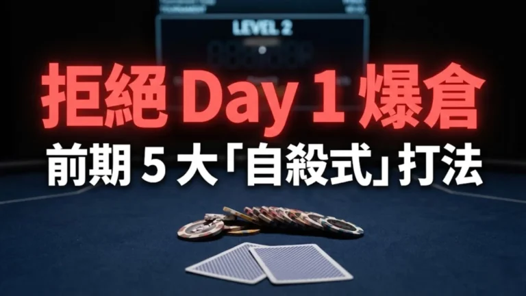 PokerOffer 撲克策略指南封面圖：拒絕 Day 1 爆倉 - 前期 5 大「自殺式」打法。