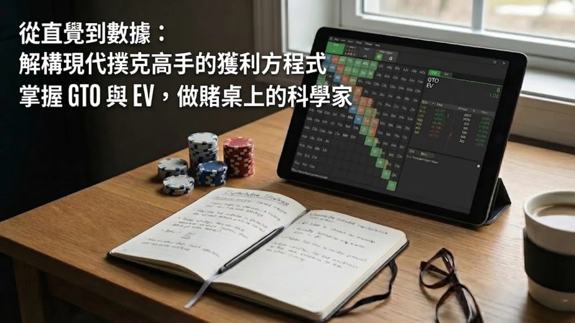 撲克學習桌面的擺設，包含運行 GTO 解算器的平板電腦、筆記本和籌碼。PokerOffer 關於現代撲克策略文章的封面圖片。
