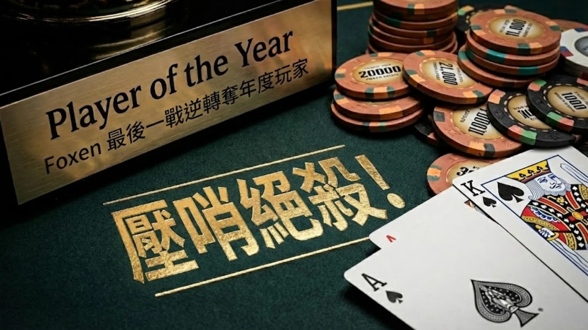 2025 年 PGT 年度玩家獎盃牌匾特寫，刻有「Foxen Wins $6.2M & The Crown」，旁邊是撲克籌碼和黑桃 AK 手牌，綠色牌桌布上有金色「BUZZER BEATER」字樣。