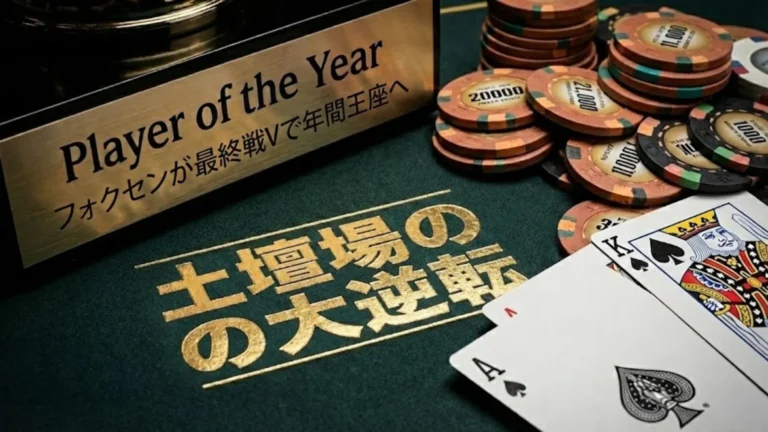 「Foxen Wins $6.2M & The Crown」と刻印されたPGTプレイヤー・オブ・ザ・イヤーのトロフィープレート。ポーカーチップ、スペードのAK、緑のフェルト上の「BUZZER BEATER」の金文字のクローズアップ写真。