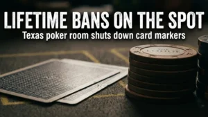 Macro photograph of poker chips engraved with 'The Lodge' and face-down marked playing cards on a felt table, illustrating lifetime bans for card markers in a Texas poker room.