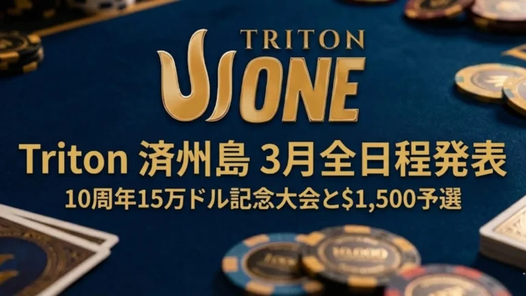 青いラシャ上の Triton ONE ロゴ、チップ、トランプ。テキストは Triton 済州島 3 月全日程発表と 10 周年 15 万ドル記念大会。