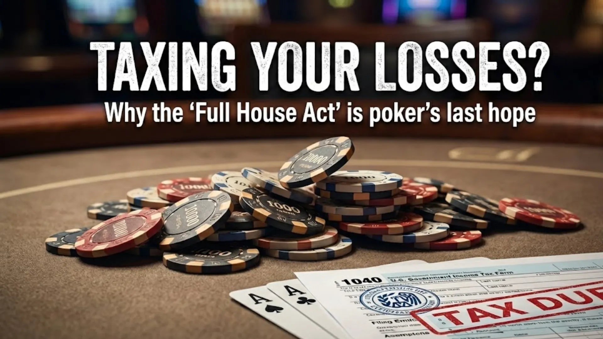 Poker chips stacked on a US 1040 tax form with a red "TAX DUE" stamp, illustrating the Full House Act and gambling loss deductions.