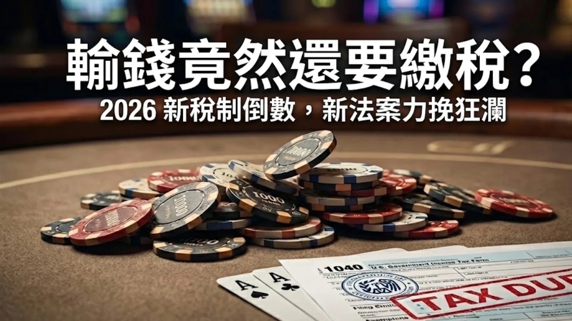 堆疊在美國 1040 稅表上的撲克籌碼，蓋有紅色「TAX DUE」印章，圖解 Full House Act 與賭博虧損扣抵議題。