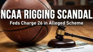 Cover image for NCAA basketball betting scandal showing gavel, cash, and indictment papers. 26 charged including Antonio Blakeney for game fixing and bribery.