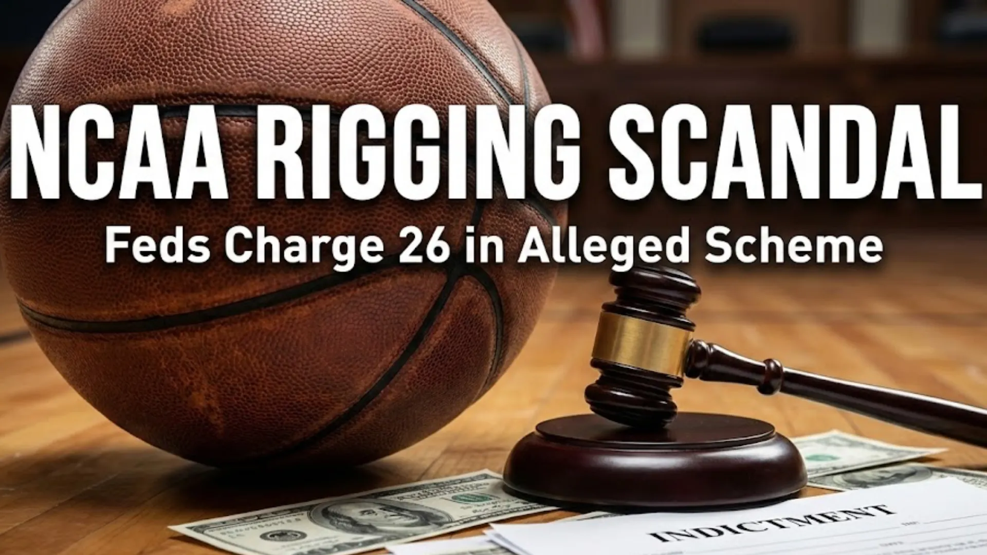 Cover image for NCAA basketball betting scandal showing gavel, cash, and indictment papers. 26 charged including Antonio Blakeney for game fixing and bribery.