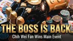 Black-and-Gold Gauntlet trophy for GOP Taipei Main Event winner Chih Wei Fan with text The Boss Is Back.