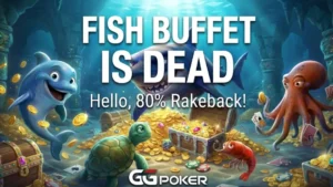 GGPoker cover image featuring an underwater scene with cartoon sharks and dolphins amidst treasure and poker chips. Text overlays read "FISH BUFFET IS DEAD" and "Hello, 80% Rakeback!", announcing the new Ocean Rewards loyalty program replacing the old system.