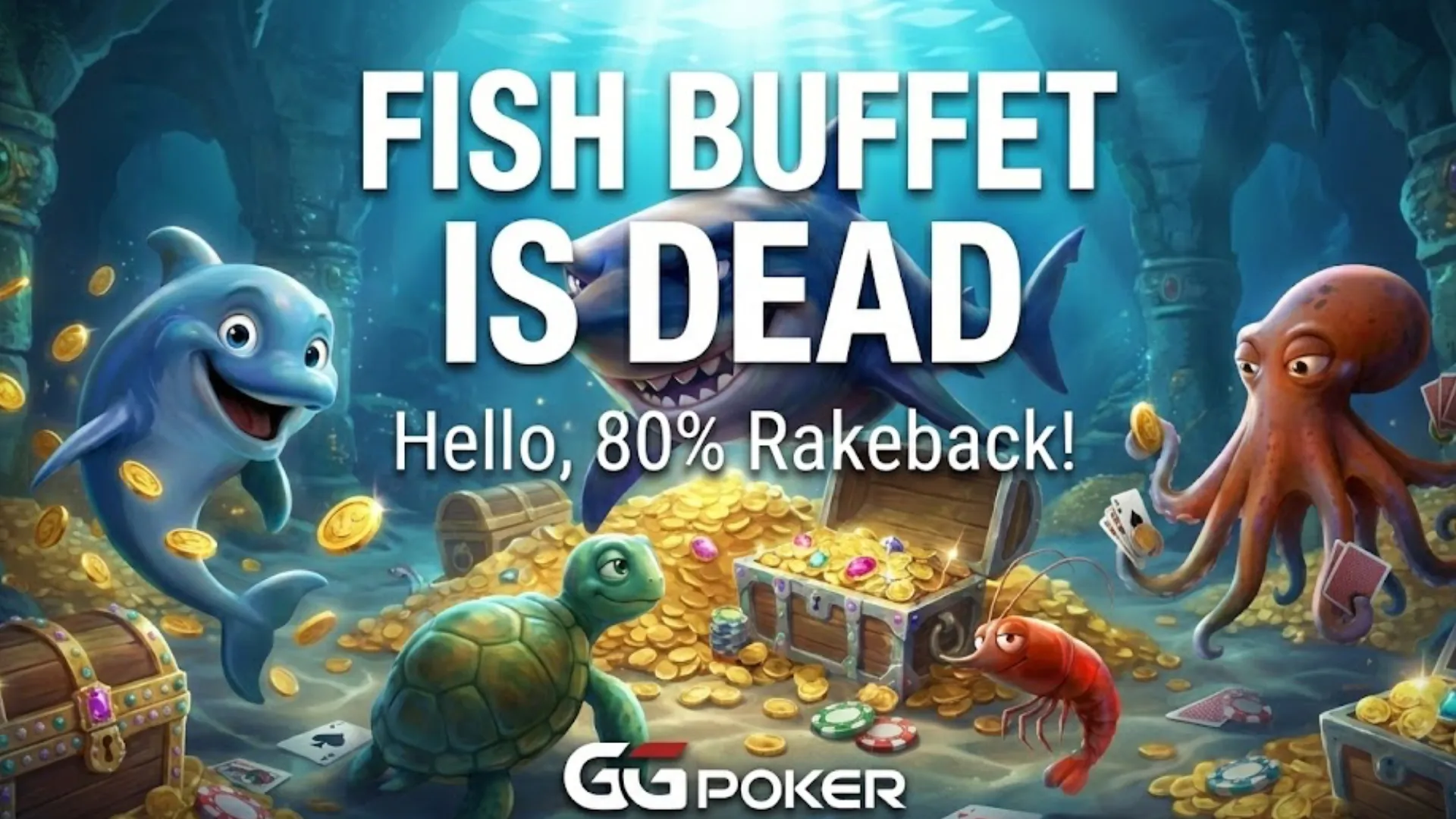 GGPoker cover image featuring an underwater scene with cartoon sharks and dolphins amidst treasure and poker chips. Text overlays read "FISH BUFFET IS DEAD" and "Hello, 80% Rakeback!", announcing the new Ocean Rewards loyalty program replacing the old system.