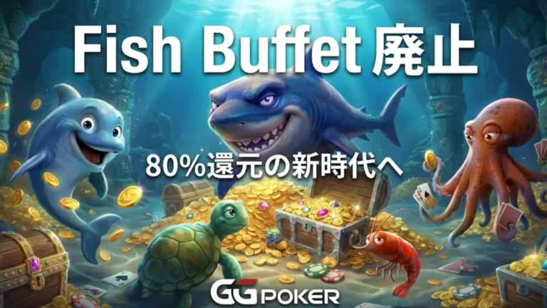 海底の宝物とポーカーチップに囲まれたサメとイルカのキャラクターが描かれたGGPokerのカバー画像。テキストには「Fish Buffet廃止」「80%還元の新時代へ」とあり、旧システムに代わる新ロイヤリティプログラムOcean Rewardsを発表している。