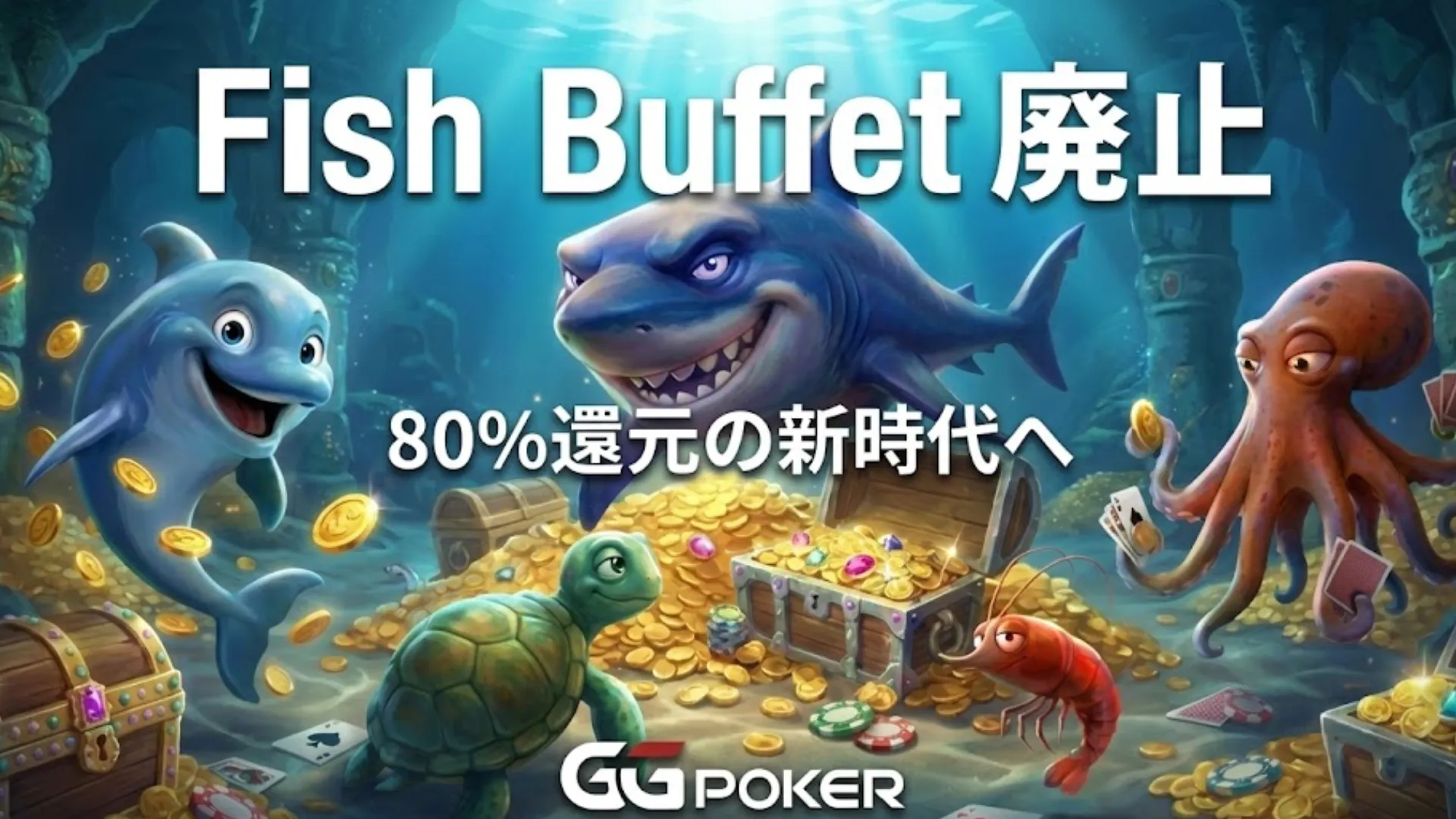 海底の宝物とポーカーチップに囲まれたサメとイルカのキャラクターが描かれたGGPokerのカバー画像。テキストには「Fish Buffet廃止」「80%還元の新時代へ」とあり、旧システムに代わる新ロイヤリティプログラムOcean Rewardsを発表している。