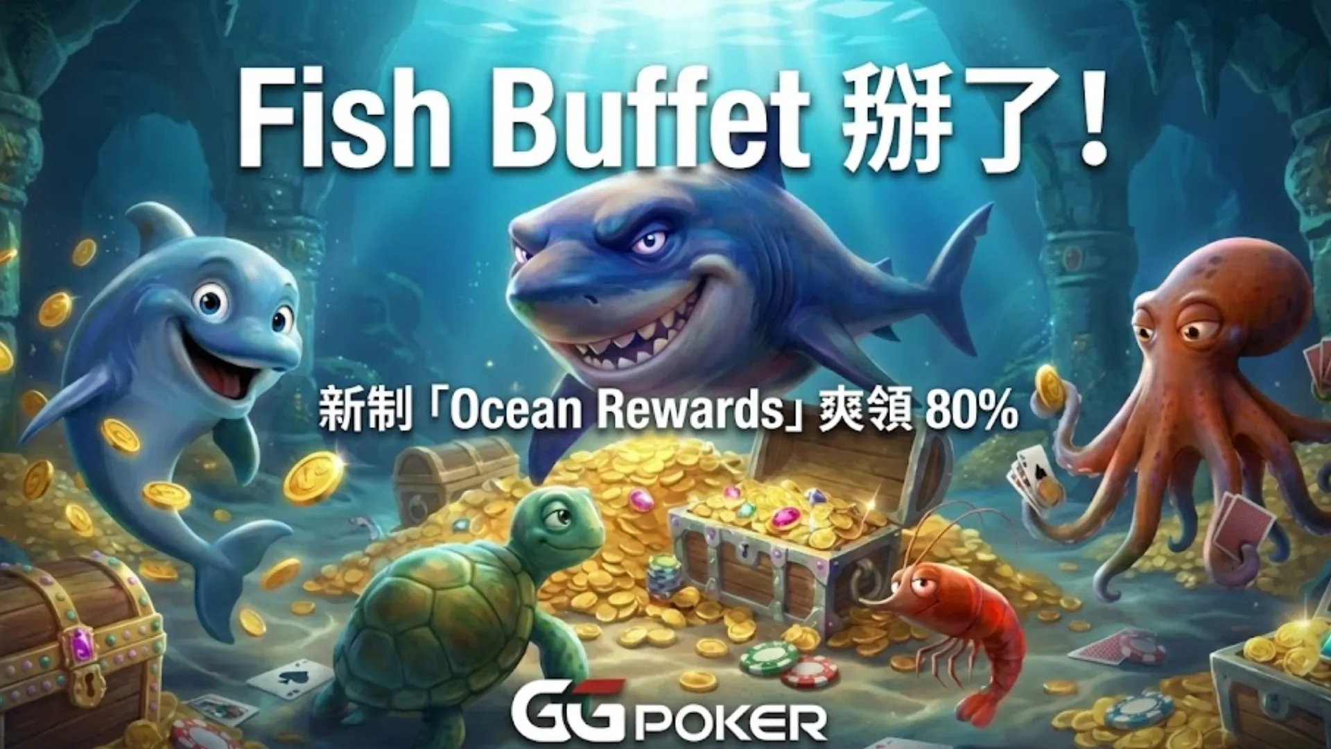 GGPoker封面圖片展示海底場景，卡通鯊魚和海豚環繞著寶藏與撲克籌碼。文字標題為「Fish Buffet掰了！」及「新制「Ocean Rewards」爽領80%」，宣布取代舊制的新忠誠計畫。