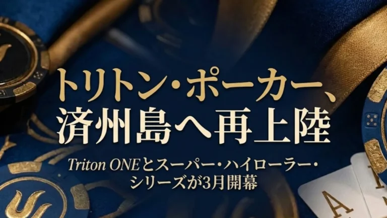 トリトン・ポーカー済州島大会のアイキャッチ画像、Triton ONEとスーパー・ハイローラー・シリーズの高級チップとカード。