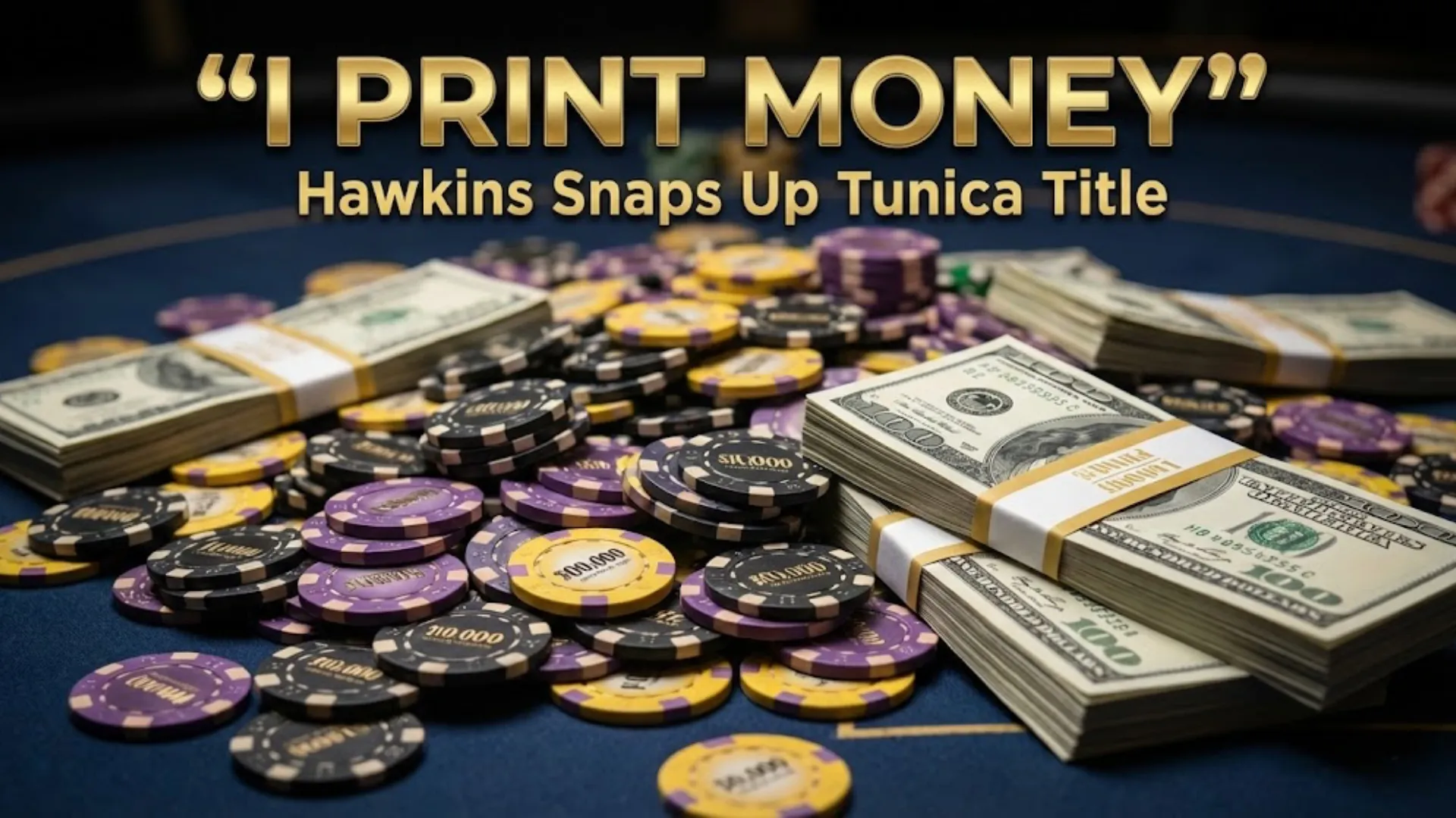 Close-up of Maurice Hawkins' 22nd gold and diamond WSOP Circuit ring in a blue velvet box, with text "I PRINT MONEY" Hawkins Snaps Up Tunica Title.