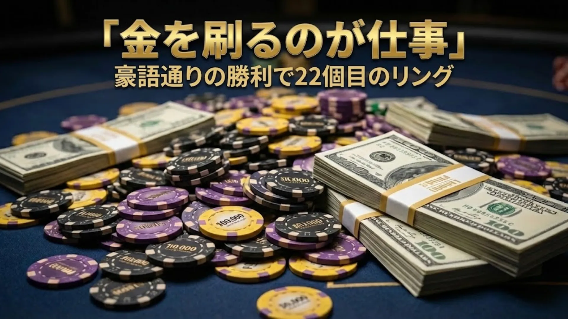 モーリス・ホーキンスの22個目のダイヤモンド入りゴールドWSOPサーキットリングの接写。青いベルベットの箱に入っており、「金を刷るのが仕事」豪語通りの勝利で22個目のリングというテキストがある。