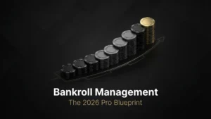 Abstract illustration showing ascending stacks of black and gold poker chips with an upward trend arrow, representing professional poker bankroll management (BRM) strategy for 2026.