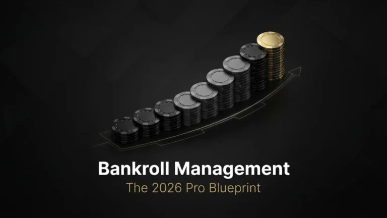 Abstract illustration showing ascending stacks of black and gold poker chips with an upward trend arrow, representing professional poker bankroll management (BRM) strategy for 2026.