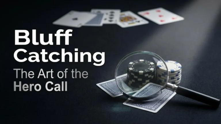 A magnifying glass focused on a stack of poker chips and cards on a dark felt table, symbolizing the analytical art of bluff catching and reading poker tells.