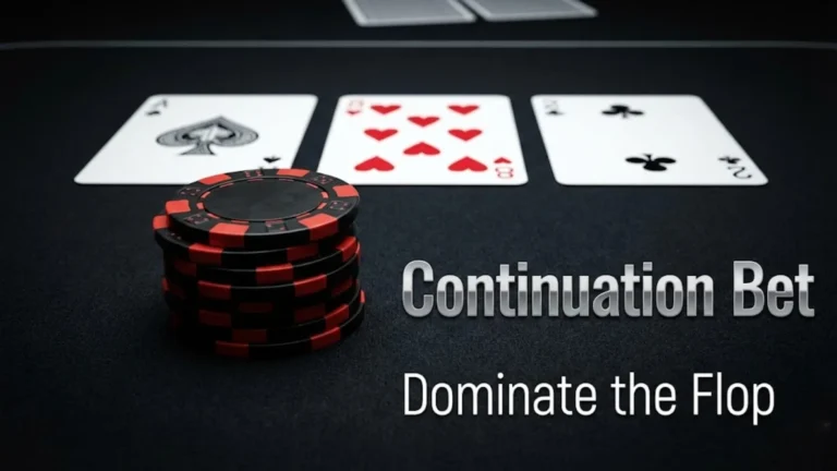 Close-up of a stack of red and black professional poker chips placed aggressively next to an Ace-high flop on a dark felt table, illustrating the Continuation Bet (C-Bet) strategy.