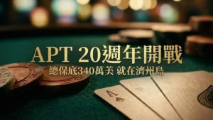綠色牌桌上的撲克籌碼與紙牌特寫，圖上有「APT 20週年開戰 總保底340萬鎂 就在濟州島」字樣，宣傳2026亞洲撲克巡迴賽。