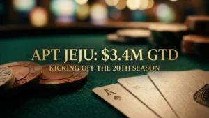 Macro photography of poker chips and cards on green felt with text "APT JEJU: $3.4M GTD KICKING OFF THE 20TH SEASON" for the 2026 Asian Poker Tour tournament.