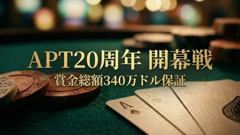 緑のフェルト上のポーカーチップとトランプの接写。「APT20周年 開幕戦 賞金総額340万ドル保証」のテキスト入り、2026年アジアポーカーツアー済州大会のイメージ。