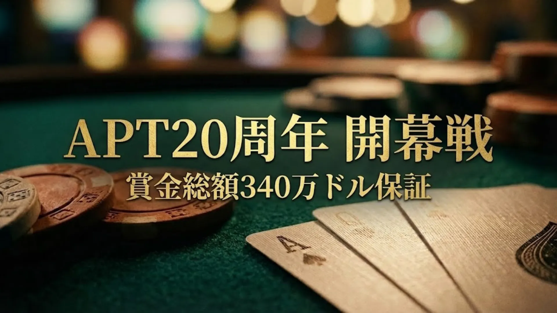 緑のフェルト上のポーカーチップとトランプの接写。「APT20周年 開幕戦 賞金総額340万ドル保証」のテキスト入り、2026年アジアポーカーツアー済州大会のイメージ。