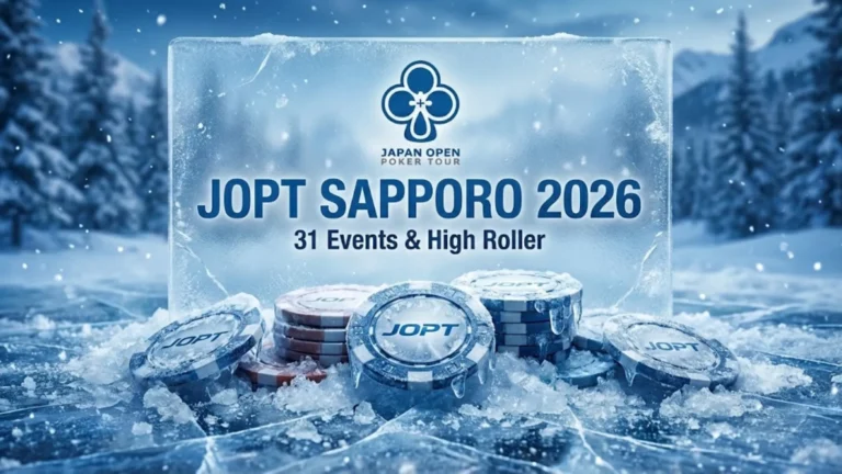 JOPT Sapporo 2026 official logo frozen in ice with poker chips, announcing 31 events and full schedule in Hokkaido.