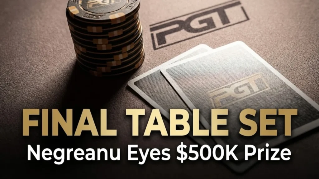 PGT Championship Final Table macro shot of poker chips and cards with Daniel Negreanu text overlay.