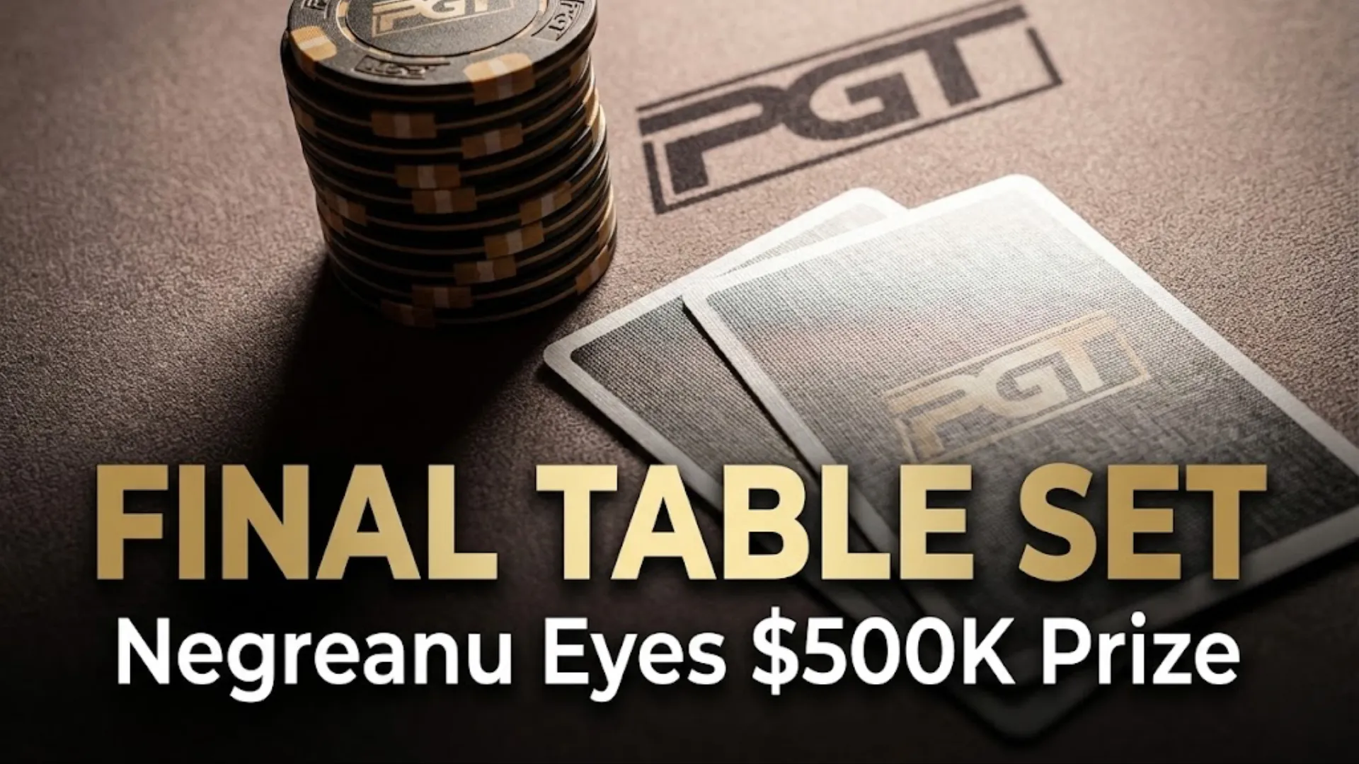 PGT Championship Final Table macro shot of poker chips and cards with Daniel Negreanu text overlay.