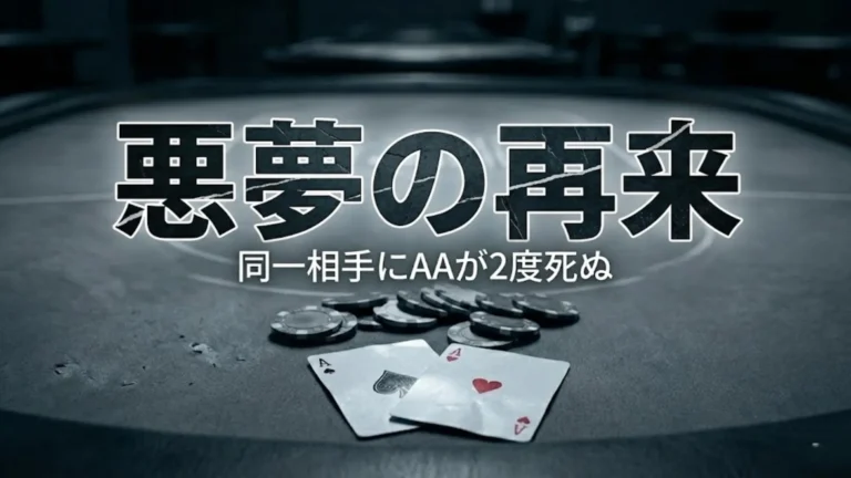 暗いポーカーテーブル上にあるAA（ポケットエース）のカードとチップ。「悪夢の再来 同一相手にAAが2度死ぬ」というテキストが重なり、ゴールデン・ナゲットでの壮絶なバッドビートを表現している。