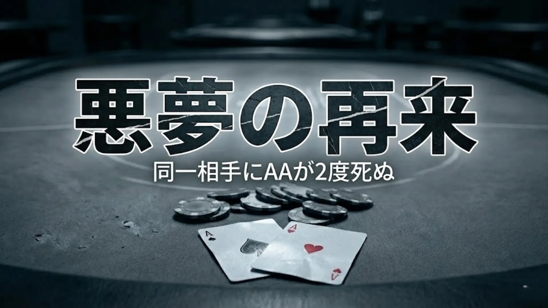 暗いポーカーテーブル上にあるAA（ポケットエース）のカードとチップ。「悪夢の再来 同一相手にAAが2度死ぬ」というテキストが重なり、ゴールデン・ナゲットでの壮絶なバッドビートを表現している。